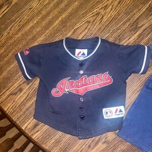 Majestic Kids Navy and Red Indians Baseball Jersey